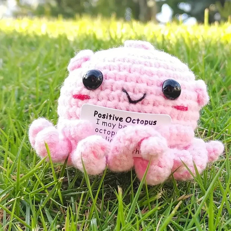 Positive Crocheted Dolls Cartoon Hand Woven Octopus Frog Desktop Decoration Positive  Knitting Doll with Positive Words Card