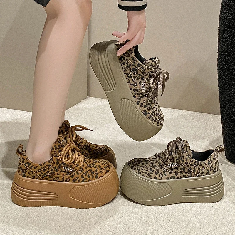 7CMWomen Casual Sports Shoes Heels High Platform Sneakers Wedge Height Increase Footwear Leather Leopard Comfy Chunky Sneakers