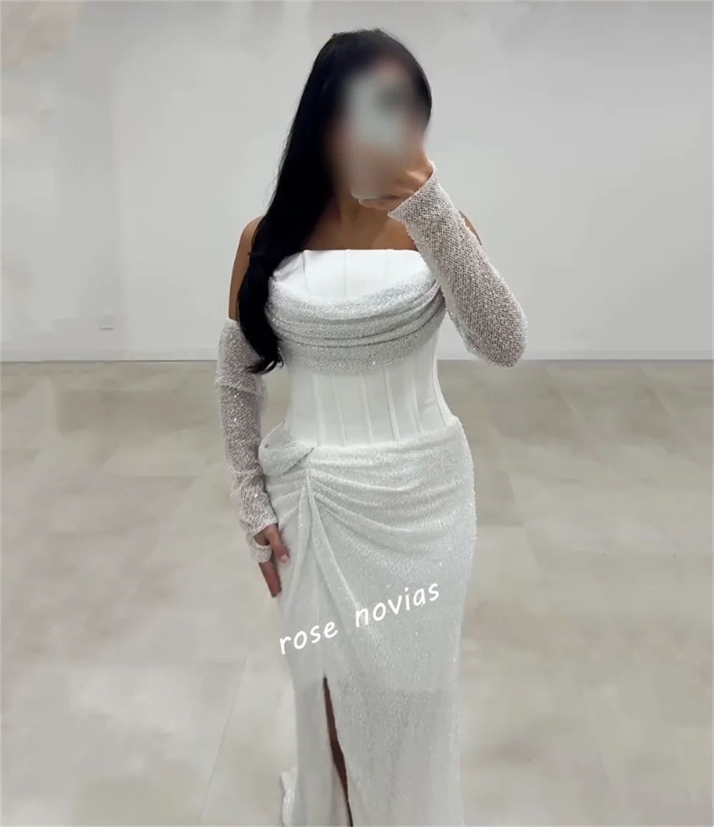 فستان سهرة فاخر بأكمام طويلة متألق بطيات مخصصة على شكل بوق بطول الأرض مناسبة مخصصة للنساء أنيقة لحفلات الزفاف