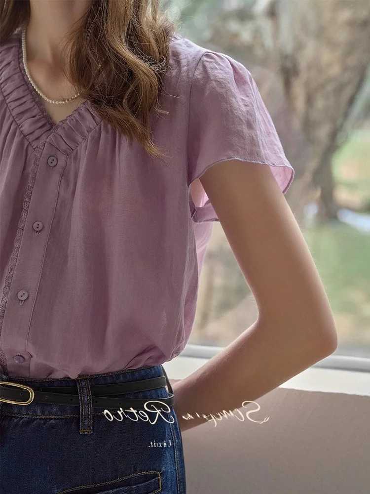 Lightweight V-neck Short Sleeve  Silk Shirt French Style Loose Fit Breathable Casual Commute Women's Top
