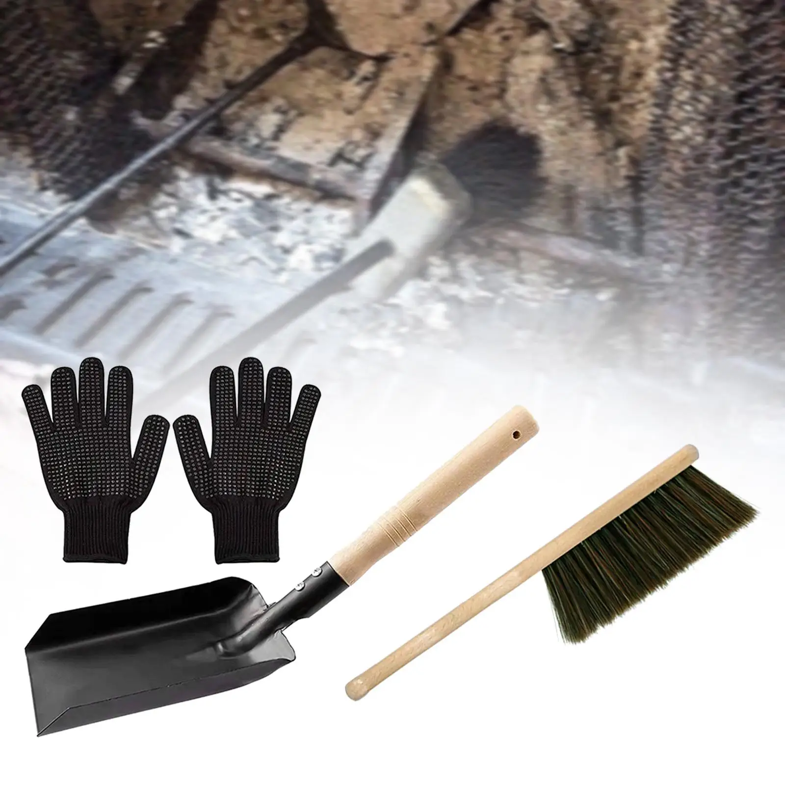 Fire Place Tool Set Metal Firepit Dustpan Wooden Handle Fireplace Broom Steel Spade and Ash Brush Set Accessories for Indoor