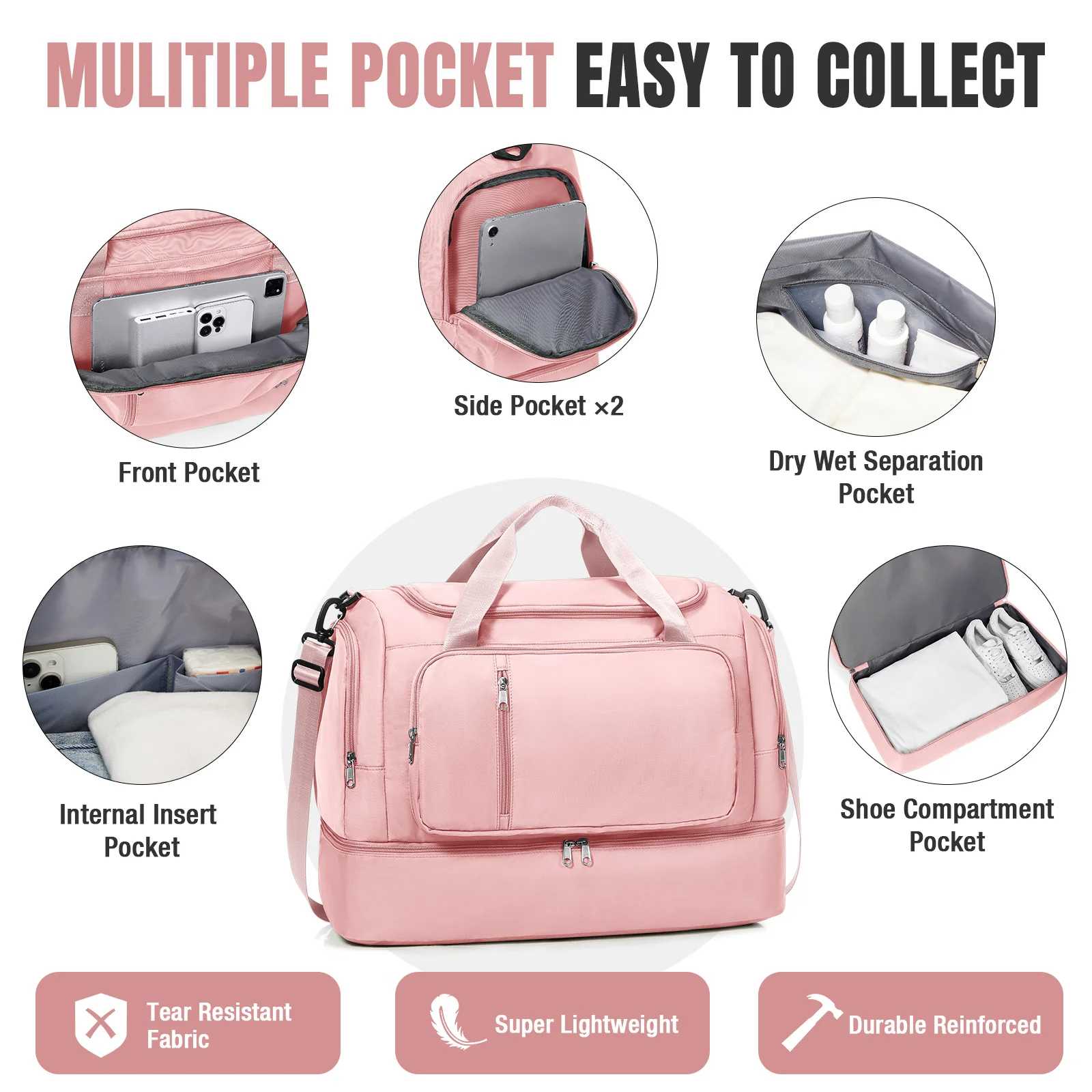 Travel Bag for  Women - Waterproof Large Capacity Multi-Pocket Hand Luggage Bag Gym Bag Weekender Travel Clothing Storage Bag view 3