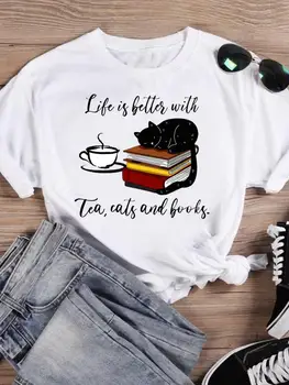 Cartoon Kurzarm Mode Druck T Shirt Sommer Frauen Weibliche Katze Buch Schöne Stil Neue Casual Top T-shirts Graphic Tee T-Shirt