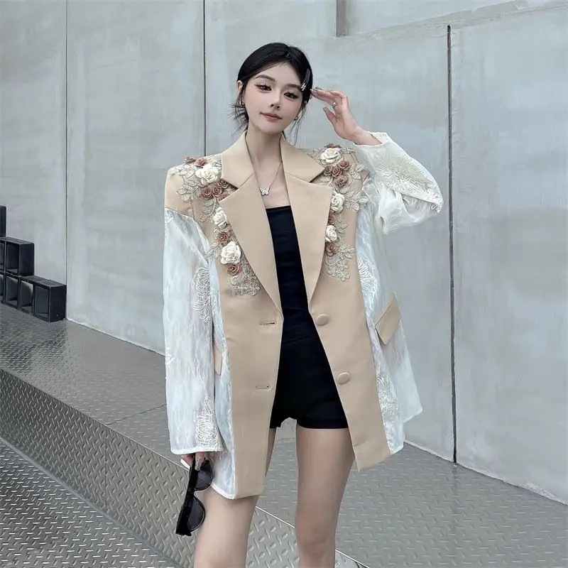Summer New Sunscreen Women's Blazers Coat Embroidered Flower Patchwork Lace Suit Top
