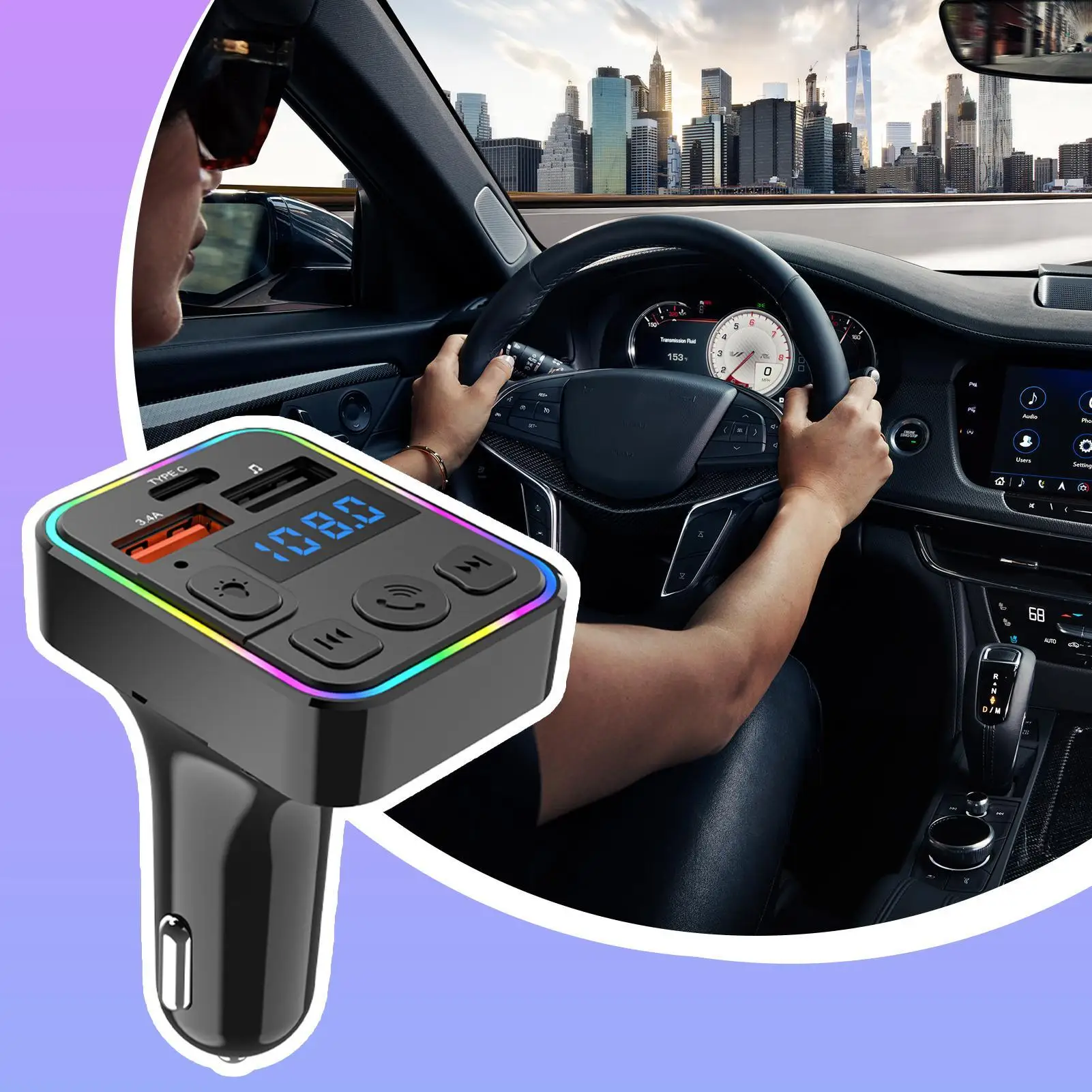 C14 سيارة FM الارسال شحن سريع Bluetooth5.3 مشغل مزدوج الموسيقى نوع-C الملونة المحيطة MP3 ضوء ولاعة السجائر USB