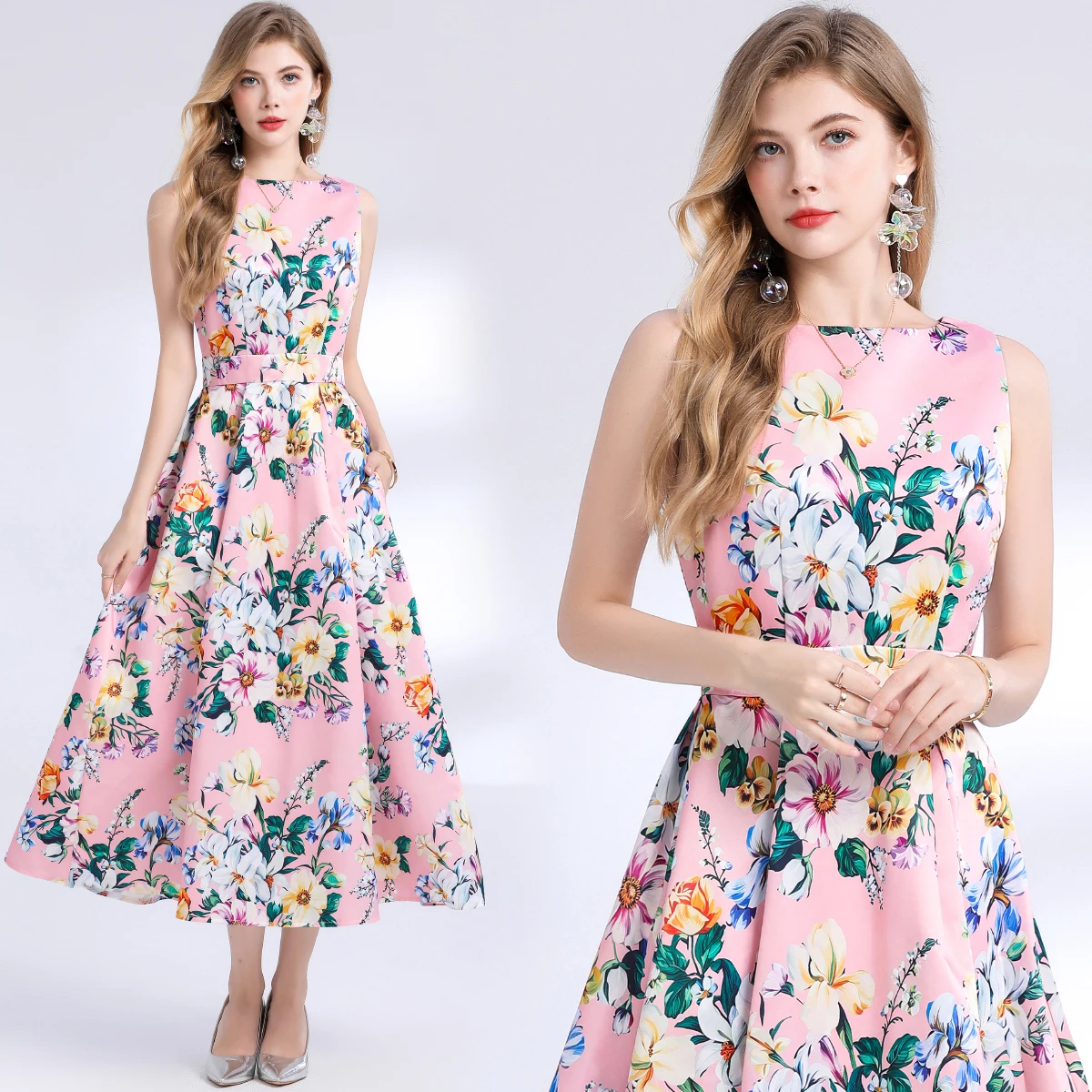 Férias de verão rosa vestidos florais feminino tanque colete sem mangas fino cintura alta bolso flor impressão praia festa midi vestido