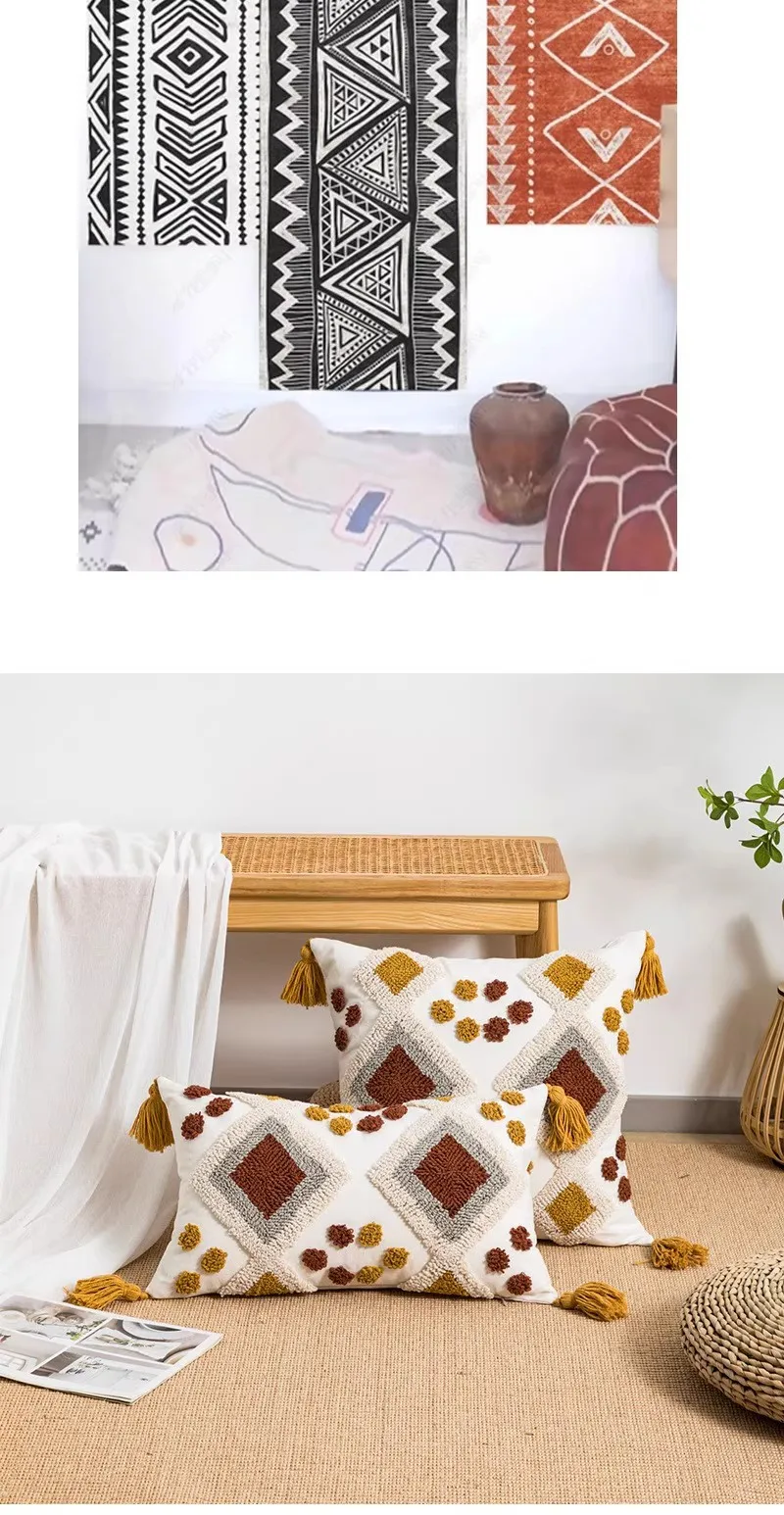 Boho Loop Tufted Kissenbezug, Baumwoll-Canvas, handgefertigter Quasten-Kissenbezug, dekorativer ethnischer bestickter Home-Decor-Kissenbezug – Detail 3