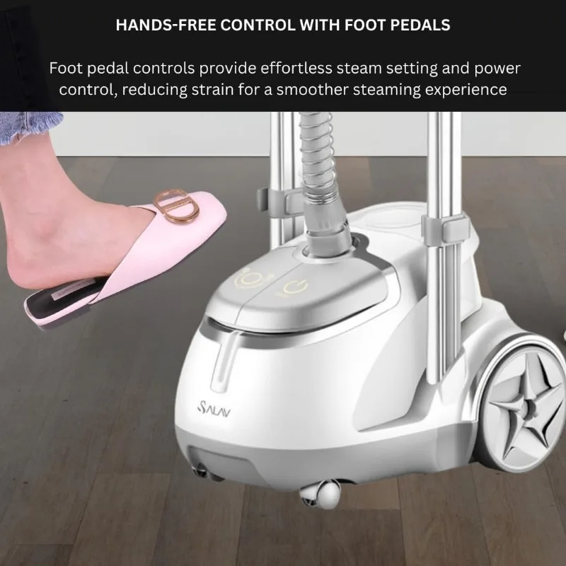 SALAV GS45-DJ مكواة بخار للملابس المستقيمة الاحترافية مع عجلات دوارة، شماعة واسعة جدًا، فرشاة قماش ومجداف كي صغير، 1500 وات، فضي