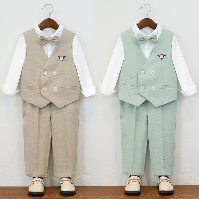 

Spring Summer Green British Style Flower Child Wedding Outfit Kids Birthday Party Piano Performance Costume Boys Vest Suit Set