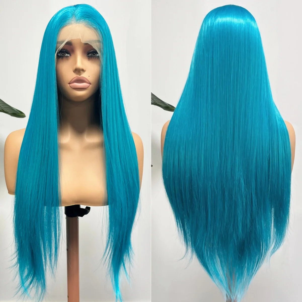 13X4 Lake Blue Long Straight Silky Synthetic Lace Front Wig Natural Hairline Turquoise Blue Colored Wig for Women Party Cosplay