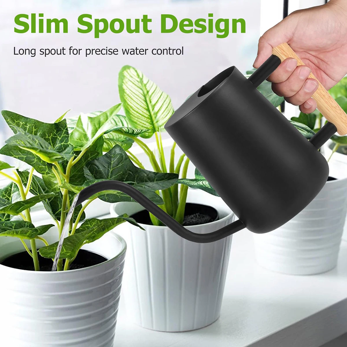 

Лейка на 35 унций с деревянной ручкой, лейка из нержавеющей стали для комнатных домашних растений, бонсай, садовых цветов, аксессуар для полива