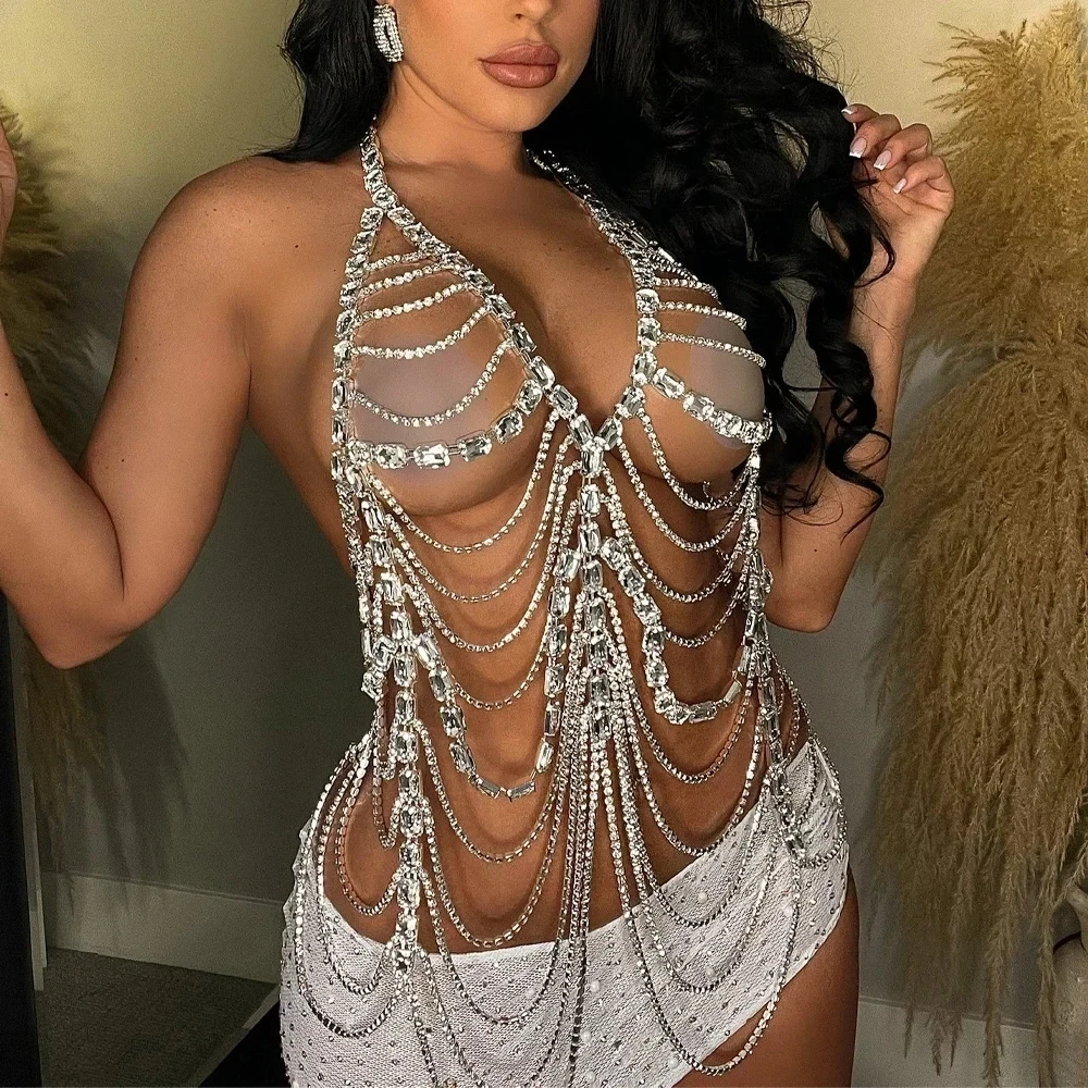 Luxury Crystal Halter Top Chest Chain Bikini Underwear Hollow Rhinestone Body Jewelry Bra Lingerie for Women Party Rave Outfit