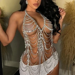 Luxury Crystal Halter Top Chest Chain Bikini Underwear Hollow Rhinestone Body Jewelry Bra Lingerie for Women Party Rave Outfit