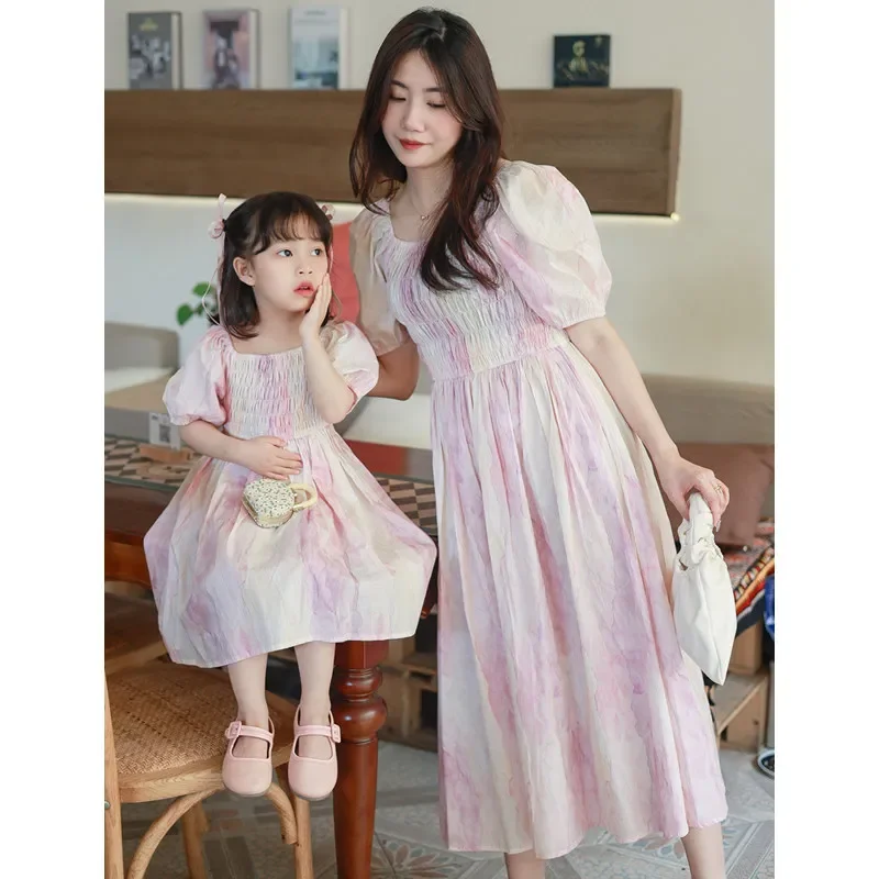 2024 Summer New Mother and Daughter Smock Dresses Mom and Baby Girls Equal Dress for Women Frock Mommy and Me Matching Clothing