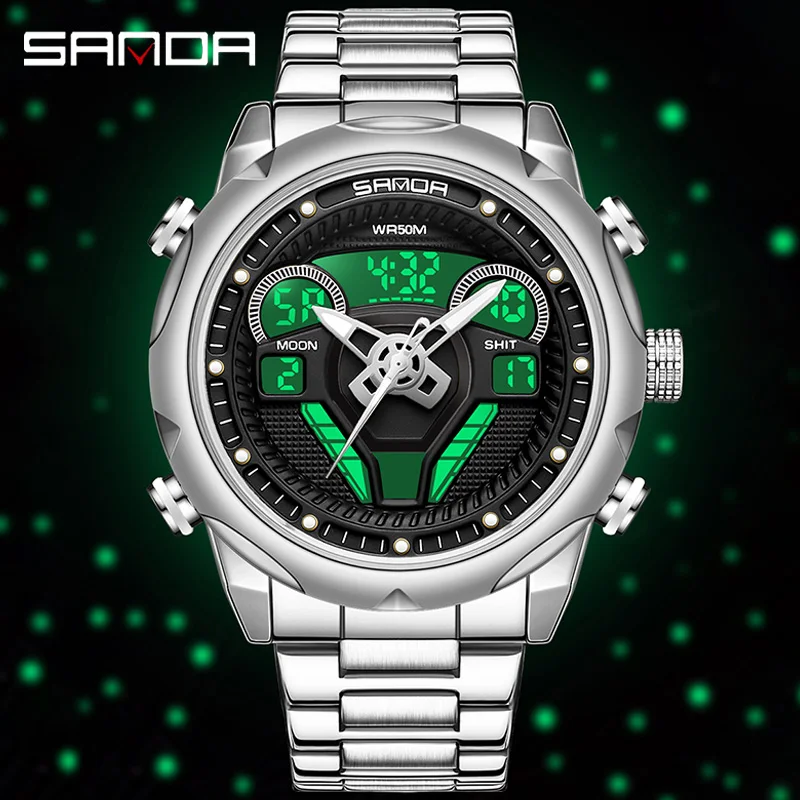 SANDA jam tangan olahraga konograf pria, arloji desain roda kemudi 9022, jam tangan baja tahan air militer Quartz