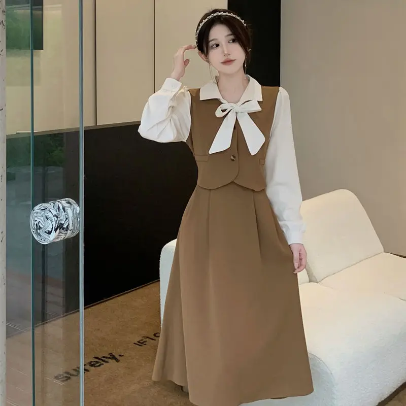 Women French Graceful Bowknot Midi Dress 2024 New Spring Autumn Patchwork Fake Two Piece Dresses Korean Elegant Gown Female