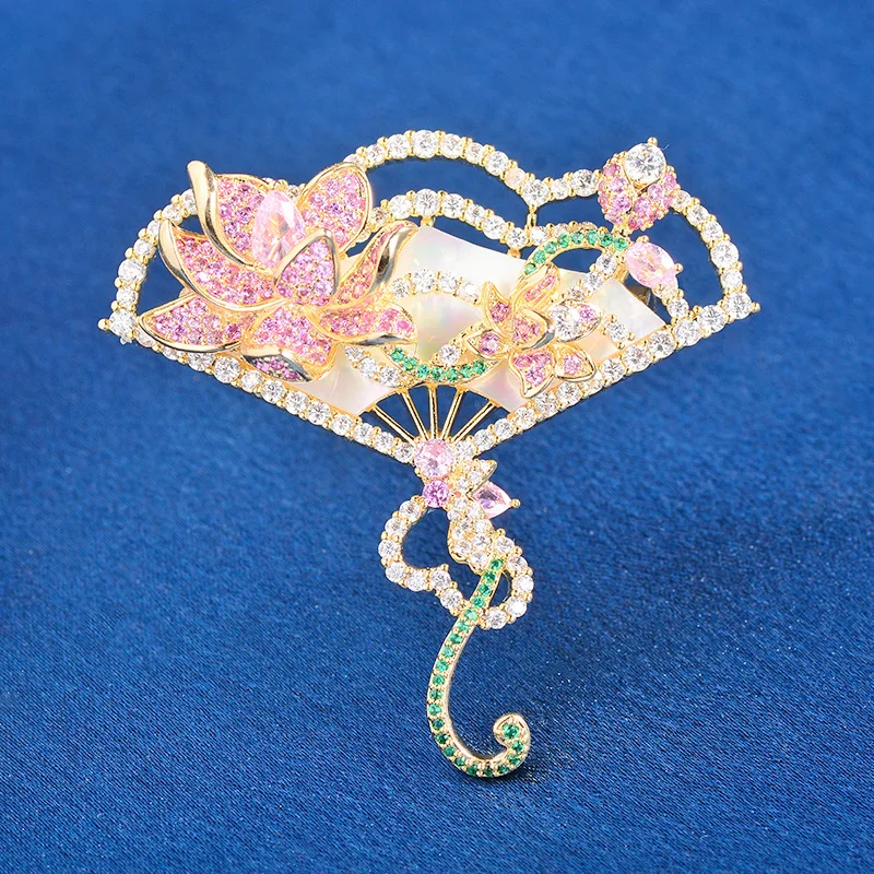 

OKILY Elegant Chinese Style Shell Fan-shaped Brooch Pin Delicate Zircon Lotus Brosch for Women's Ethnic Corsage Temperament Pins