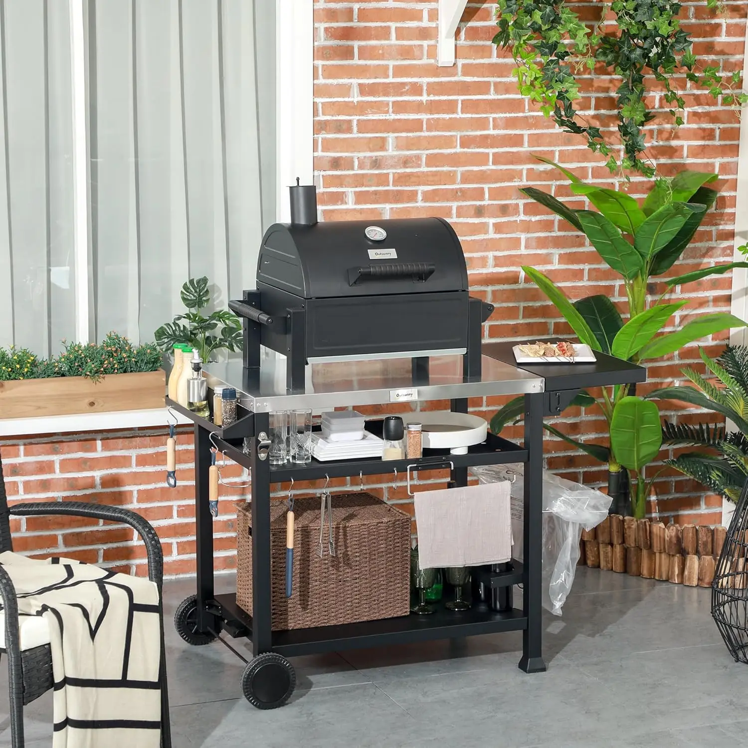 Outsunny-Chariot de gril extérieur avec table d'appoint pliable, support de four à pizza multifonctionnel, acier inoxydable, 46 po x 21.75 po