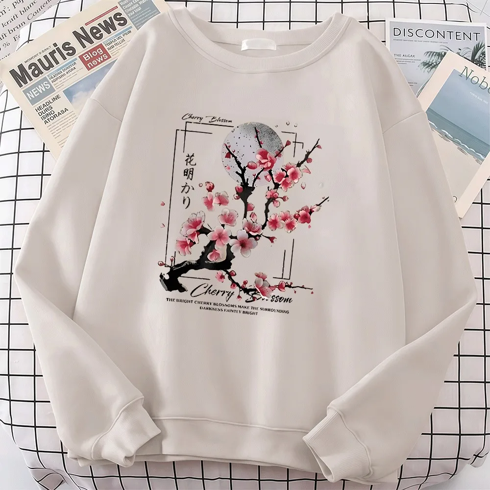 2026 frauen Hoodies Herbst Kirschblüten und Mond Gedruckt Muster Pullover Weiche Neue Hoodie Mode Sweatshirts Streetwear