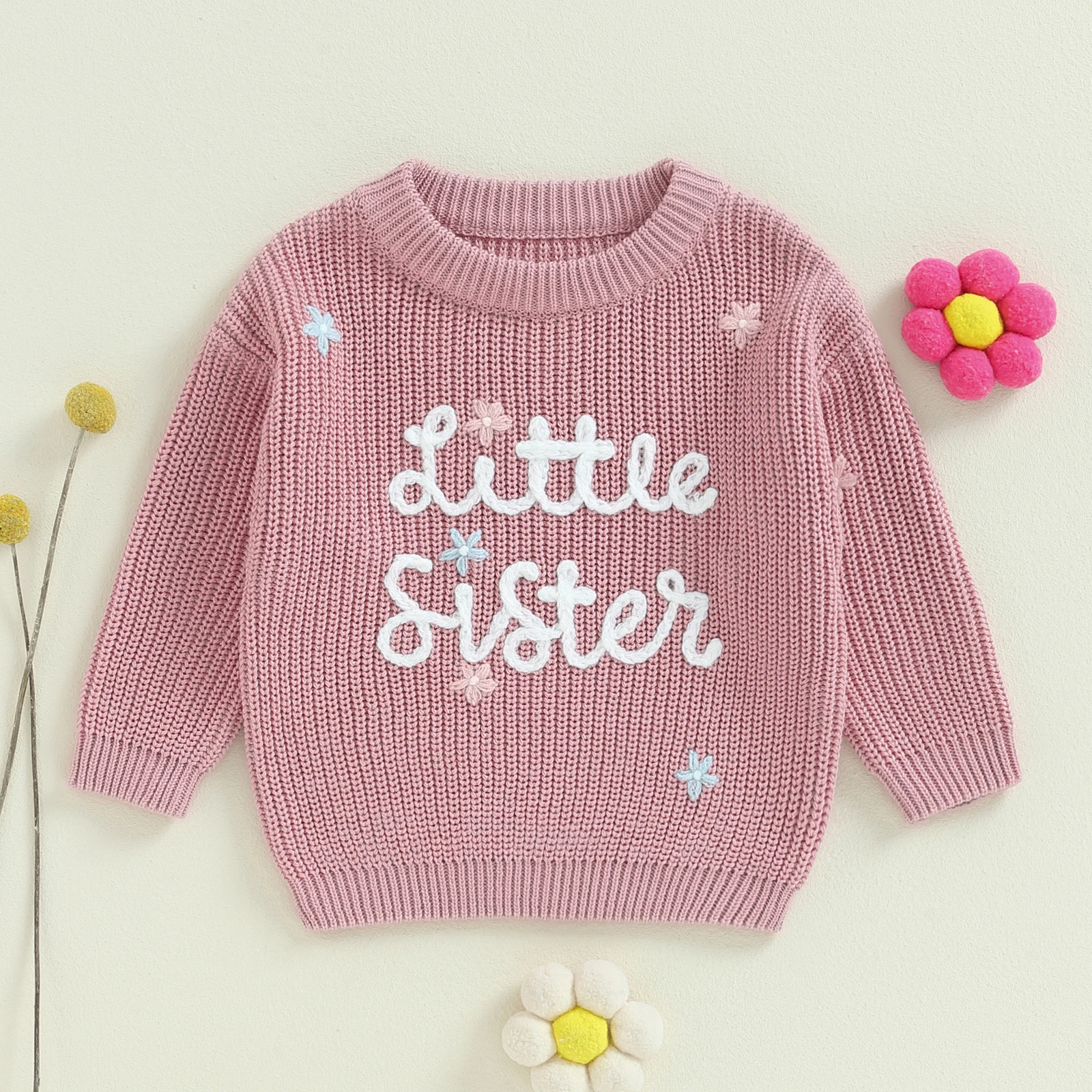 MISOWMNJOY Little Baby Girls Winter Fall Sweater Cute Sweet Floral Letter Embroidery Infant Knit Clothes Long Sleeve Pullovers