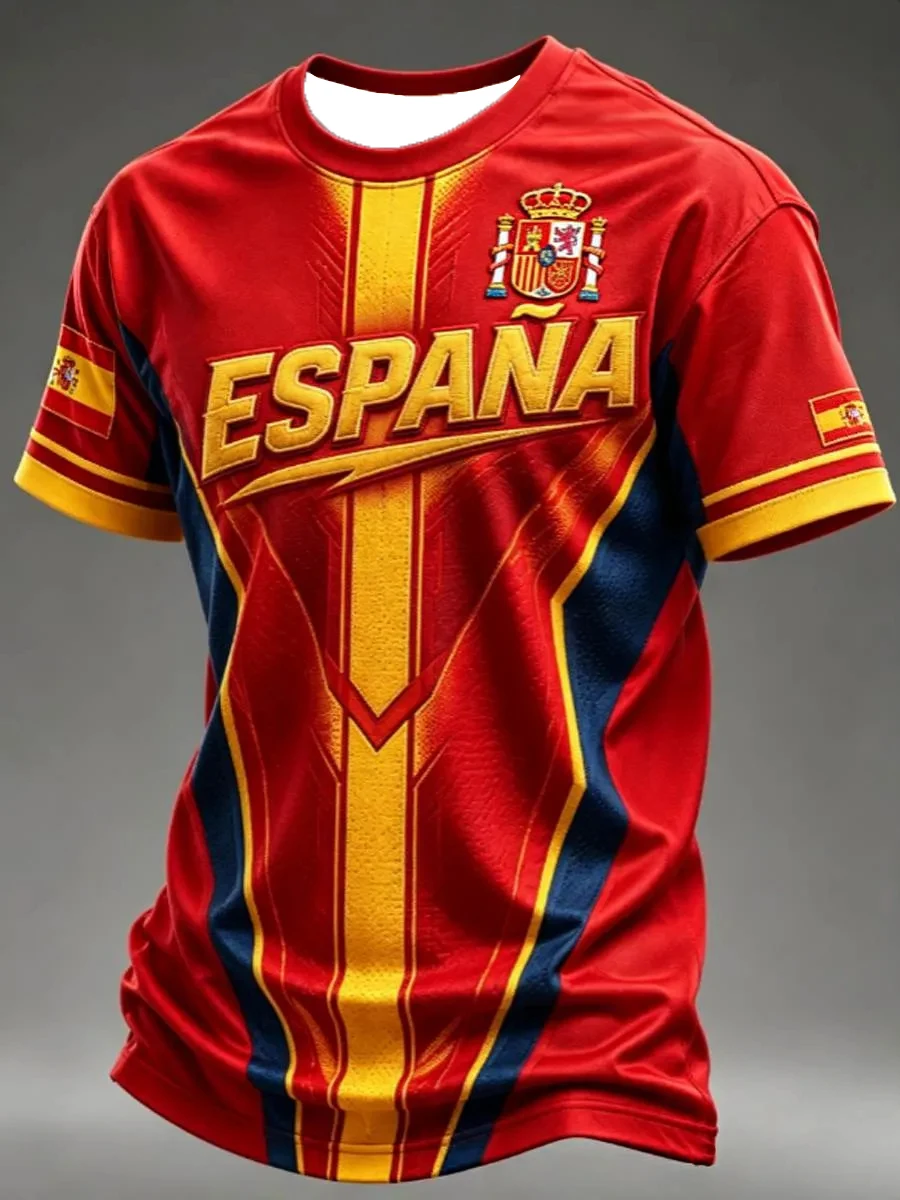 2026 Spanish Football Fans' 3D Printed Breathable Quick-drying Short-sleeved T-shirt for Soccer Fans Men's T-shirt Sports Jacket