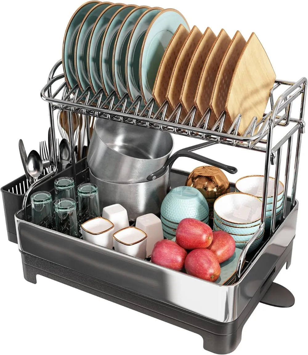 

Dish Drying Rack, 304 Stainless Steel 2 Tier Large Dish Rack and Drainboard Set with Swivel Spout Drainage, Kitchen Storage