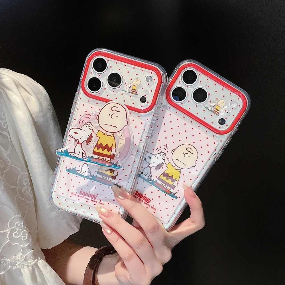 Cute Cartoon Snoopy Charlie Brown Magnetic Holder Magsafe Wireless Charge Phone Case For iPhone 18 17 16 15 Pro Max Hard Cover view 3