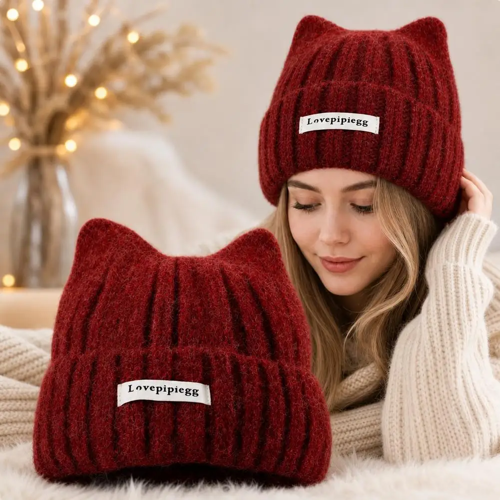 Cat Ear Beanie for Women Winter Warm Ear Protection Hat Solid Color Woolen Crochet Bonnet Sweet Girl Knit Pullover Cap Skullcaps