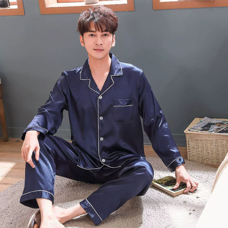 Men Pajama Sets Microfiber Sleepwear Sleeping Man Shirt Silk Long Sleeve Pyjama Male Home Wear Plus Size Loungewear Nightgown