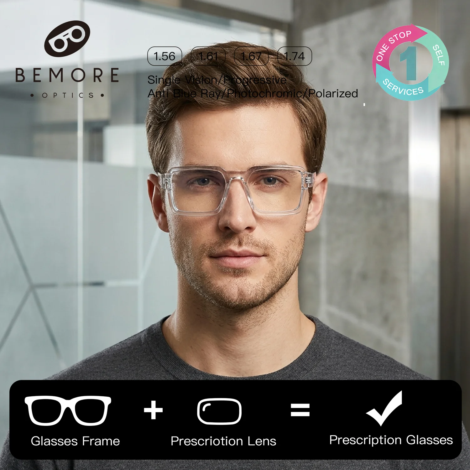 

BEMORE Square Acetate Prescription Eyeglass Custom Women Photochromic Anti Blue Light Myopia Optical Eyewear