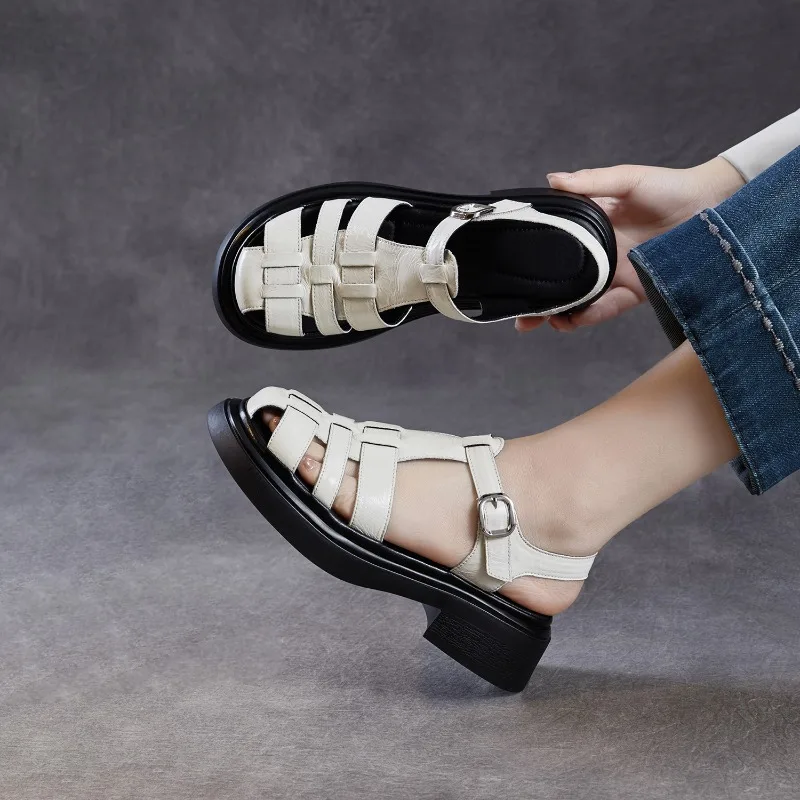 4cm Cow Weave Genuine Leather Elthnic Hook Chunky Heels Sandals Shoes Pumps Platform Wedge Hollow Comfy Women