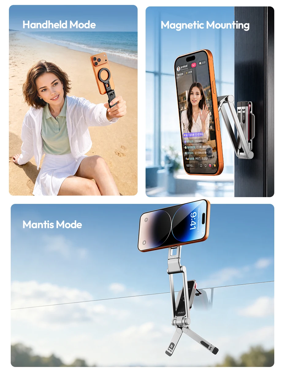 Ulanzi MA67 Overhead-Selfie-Stick mit Griff, magnetischer dreifach faltbarer Handyhalter für iPhone 17, 16, 15, Xiaomi, Huawei, für Vlog-Videos – Detail 5