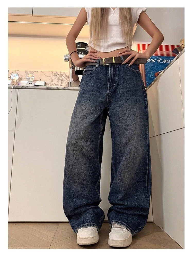 Women's Star Letter Embroidery Pattern Retro Baggy Jeans Street Girl Bottoms Vintage Trousers Female Wide-leg High Waist Pants