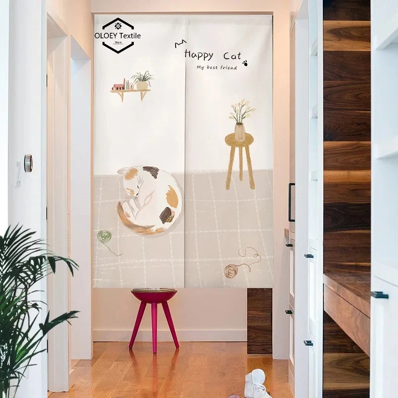 

Half Curtains for Kitchen Doorway Cartoon Cat Design Green Plants Nordic Fresh Creative Kitchen Partition Noren Entrance Decor