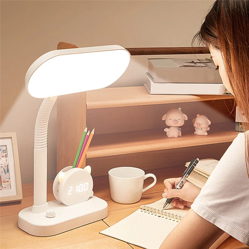 LED Reading Desk Lamp Stepless Dimming Rechargeable Light Tri-Color Switch Bedside with Clock Pen Holder Night Lights