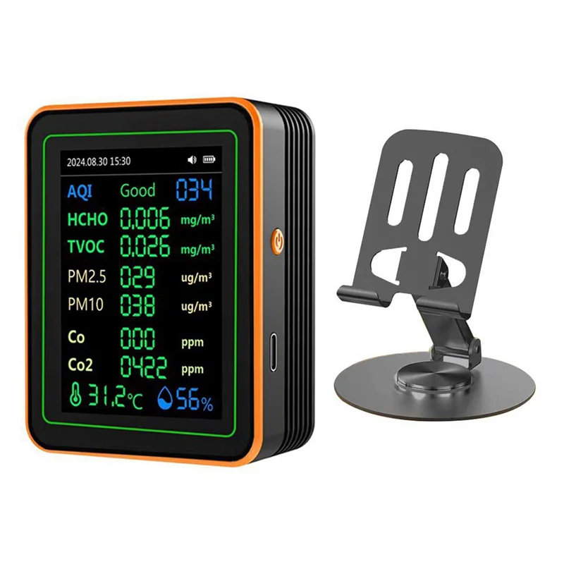 Detector de calidad del aire N05R 12 en 1, probador de calidad del aire con medidor de temperatura y humedad CO/CO2 HCHO/TVOC AQI/PM2.5 PM10 negro