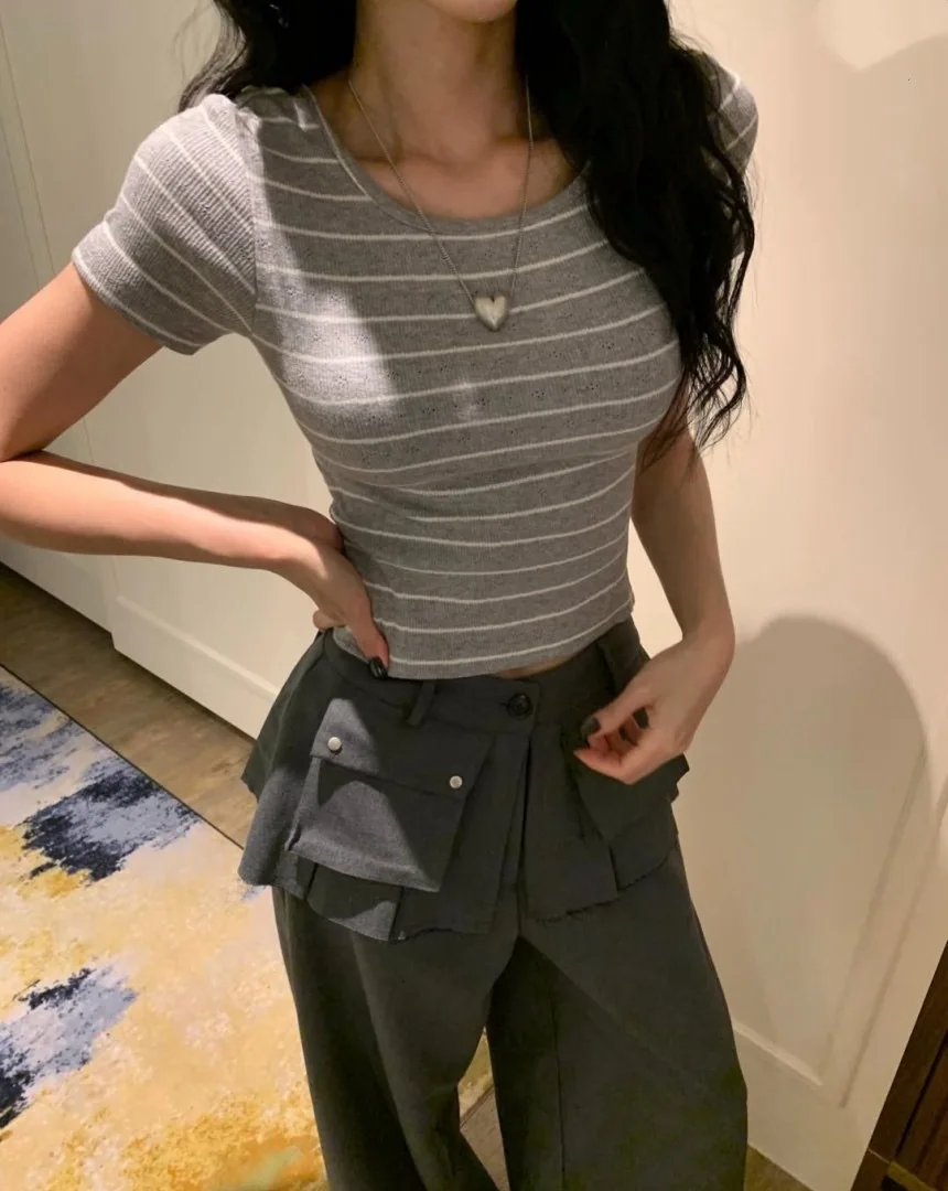 

Loose Straight Tube Long Pants Women's Summer Shirt Short Sleeve Dongda Gate round Neck Stripe Slimming Top And Bottom Set