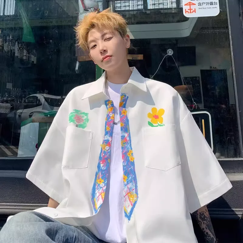 

Harajuku Men Loose Short Sleeve Button Up Shirts Crayon Hand Drawn Tie Printed Graphic White Blouse Coats Couples Funny Clothes