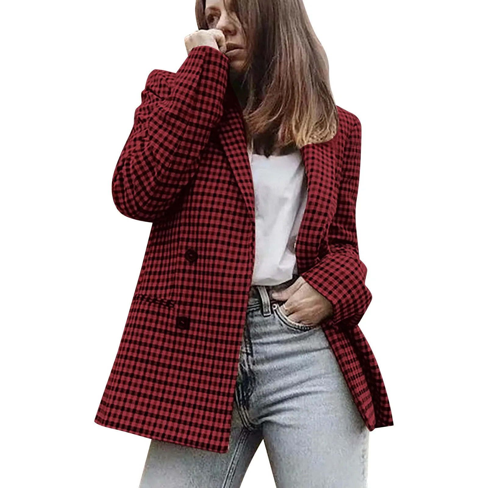 Ladies Autumn And Winter Double-Breasted Lapel Long Sleeve Plaid Suit Jacket Fashion Retro Trend Coat