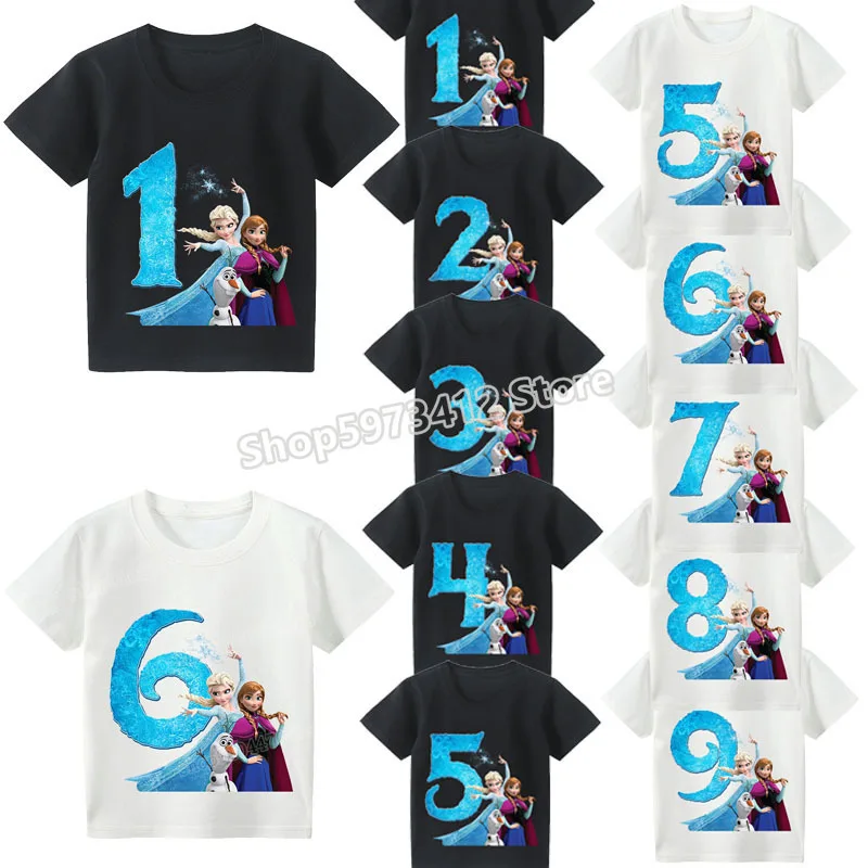 Frozen Anna Elsa T-shirt Child Digital Number Kawaii Tops Aesthetic Graphic Tees Girls Clothes Kids Graphic Tee Birthday Gift