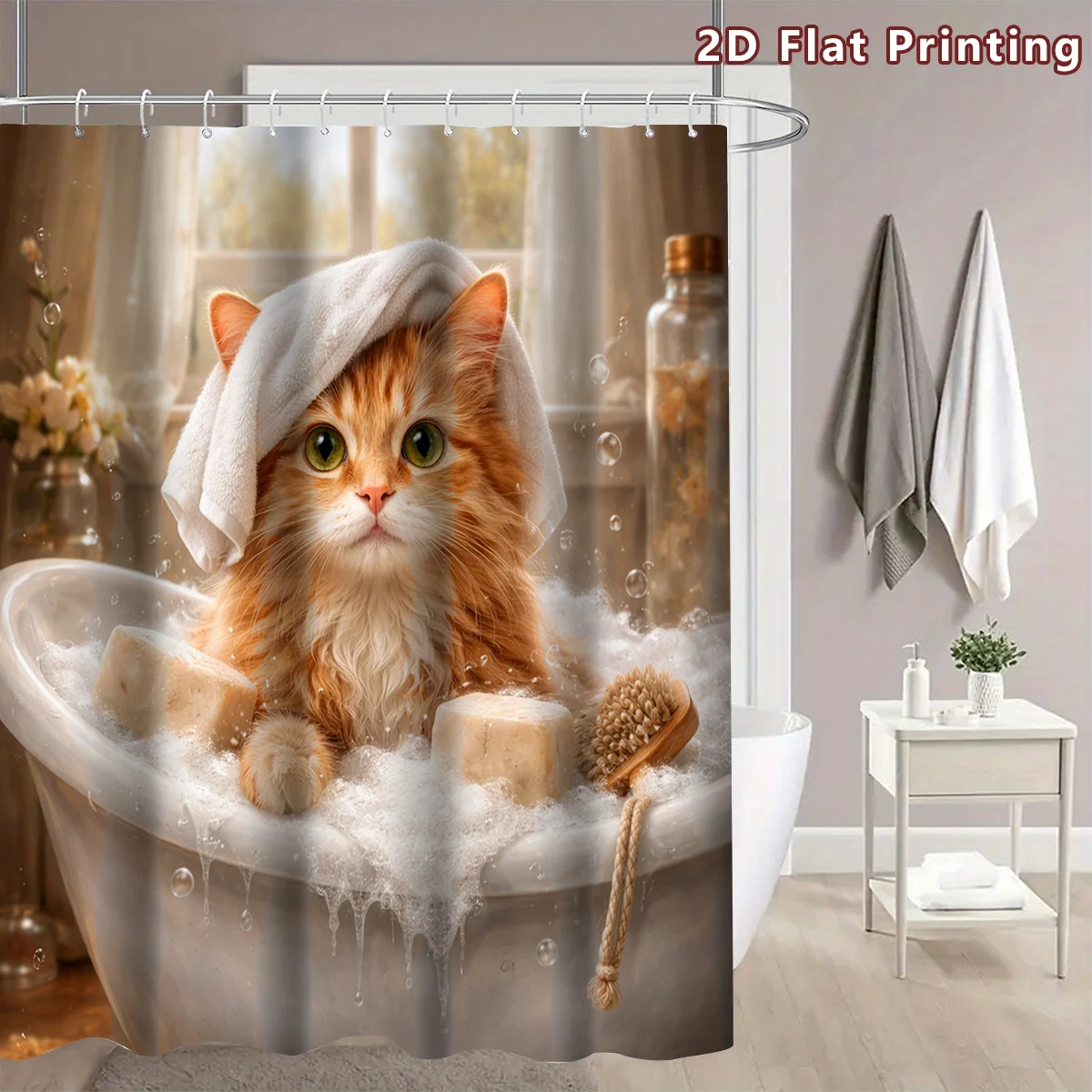 2D Flat, 1pc 2D Flat Bathing Ginger Cat Shower Curtain, Bathroom Decor, Multi-Size Options (80X180Cm, 120X180Cm, 150X180Cm, 180X view 6