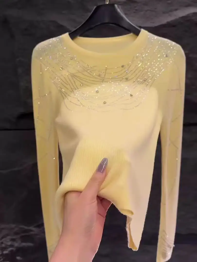 Sweater Rajut Mewah Bertabur Kristal Berkilau untuk Wanita, Musim Gugur Musim Dingin, Kerah Bulat, Warna Kuning, Atasan Rajut, Pullover