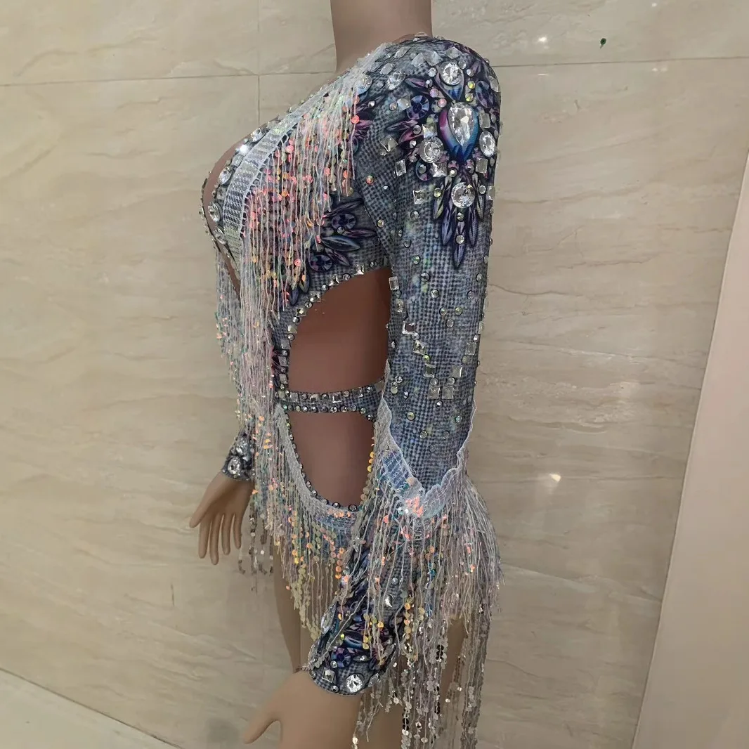 Costume Silver Sequins Tassel Diamond Unique Design Women's Clothing Long Sleeves Loose Robe De Soirée Femmes Robes Bal De Promo