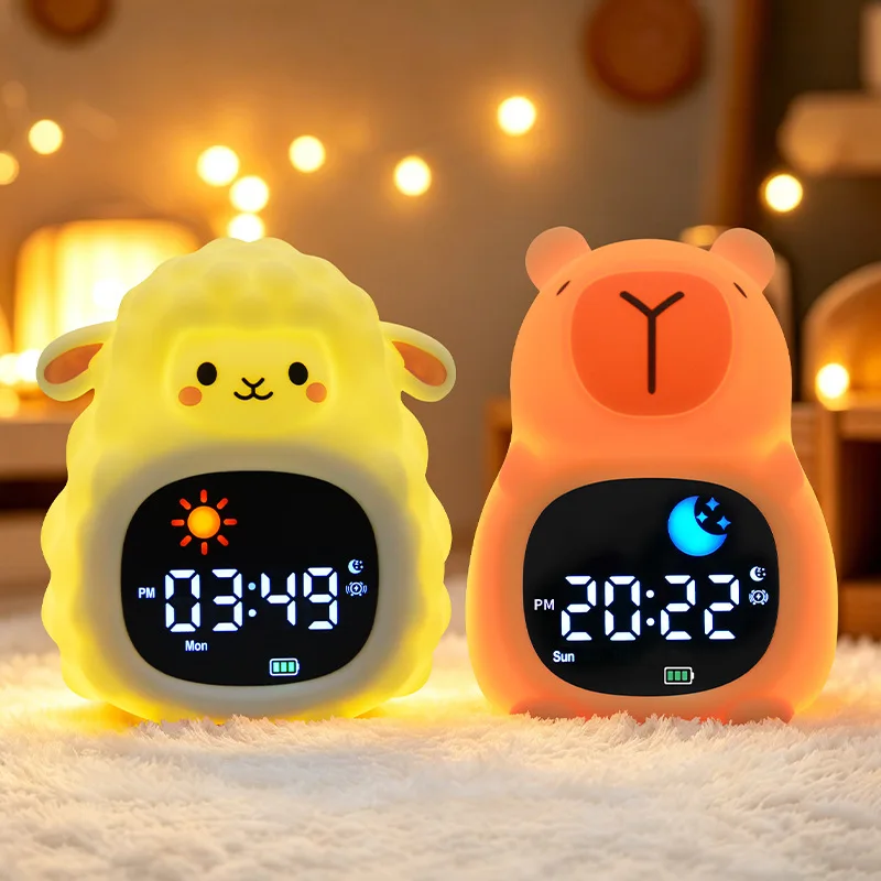 Alarm Clock With Night Light For Kids Sleep Training Sound Machine, Rechargeable Cute Animal Silicone Table Lamp For Boys Girls