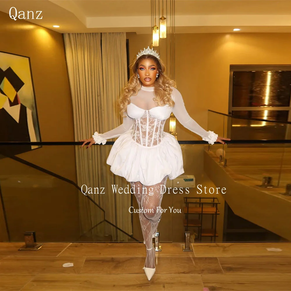 

Qanz Sexy Mini Wedding Dress Long Sleeves High Neck Dresses For Woman Party Wedding White Lace Short Bridal Gowns Customized