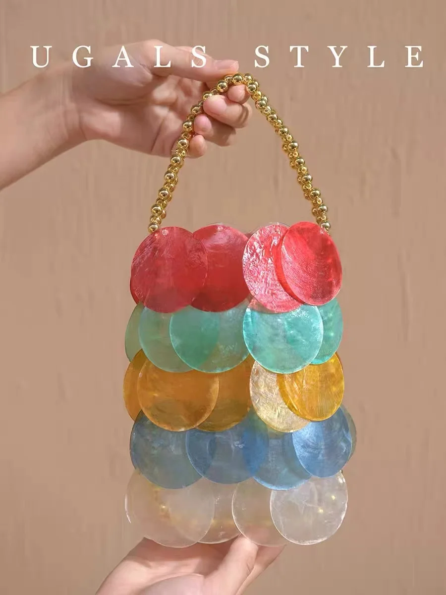 

Женская сумка, модный чехол из натуральной ракушки, тканая сумка-ведро ручной работы, сумка на плечо с бусинами и бисером, праздничная пляжная сумка для отдыха и отдыха