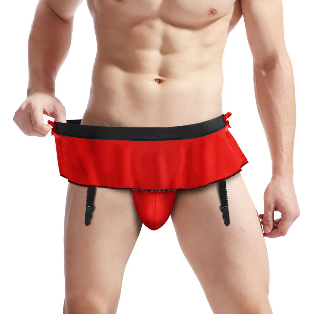 Mens Sissy G-String Skirt Satin Erotic Lingerie Jockstrap Pantie Gay Sexy Underwear Garters Bulge Pouch Ruffled Nightclub Clips
