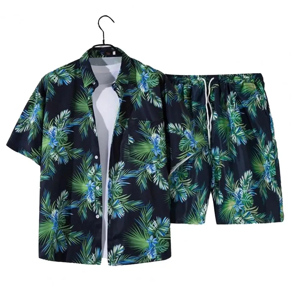 Hawaii Men Sets Print Lapel 3D leaf print Short Sleeve Casual Shirt Beach Shorts Oversized 2Pcs set Vacation Hawaiian Man Suits