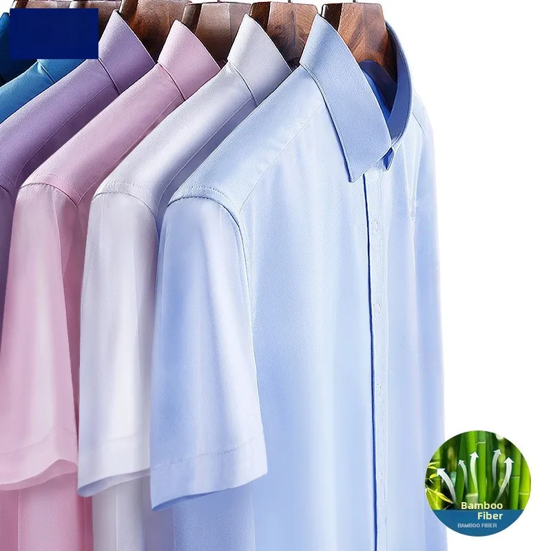 

Men's Short Sleeve Bamboo Fiber Shirt Iron-Free Summer New White Casual Business Professional Office Shirt Polyester Fiber