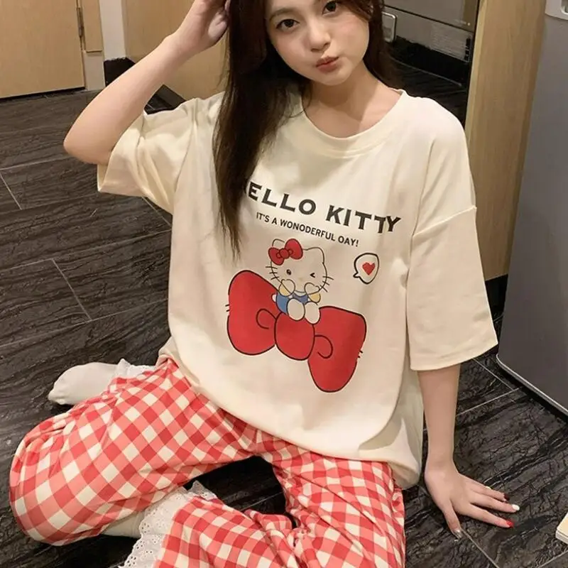 

Cartoon Cute Student Summer Pajama Set Anime Women's Short Sleeved Pants Loose Sweet Home Clothes New Comfortable Skin-Friendly